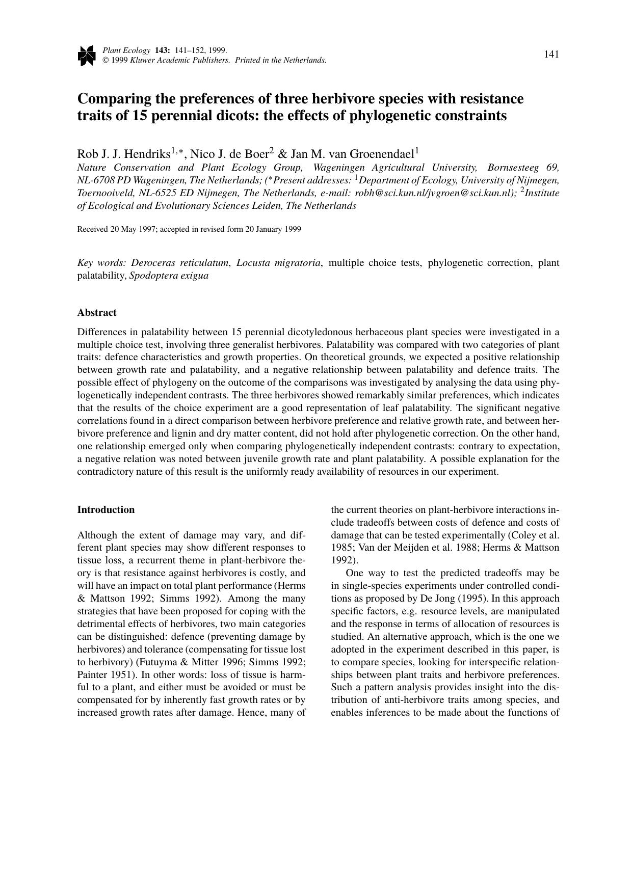 Comparing the preferences of three herbivore species with resistance traits of 15 perennial dicots: the effects of phylogenetic constraints by Unknown