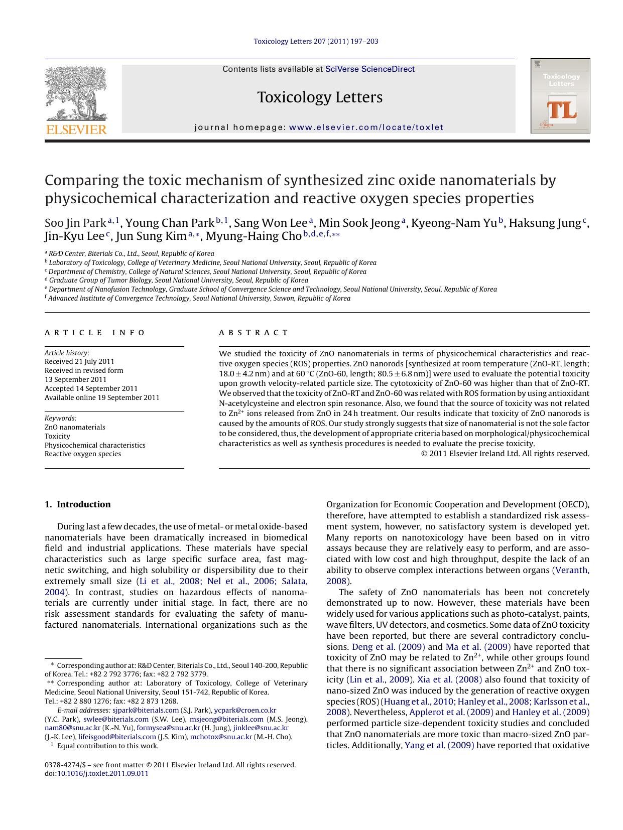 Comparing the toxic mechanism of synthesized zinc oxide nanomaterials by physicochemical characterization and reactive oxygen species properties by Soo Jin Park