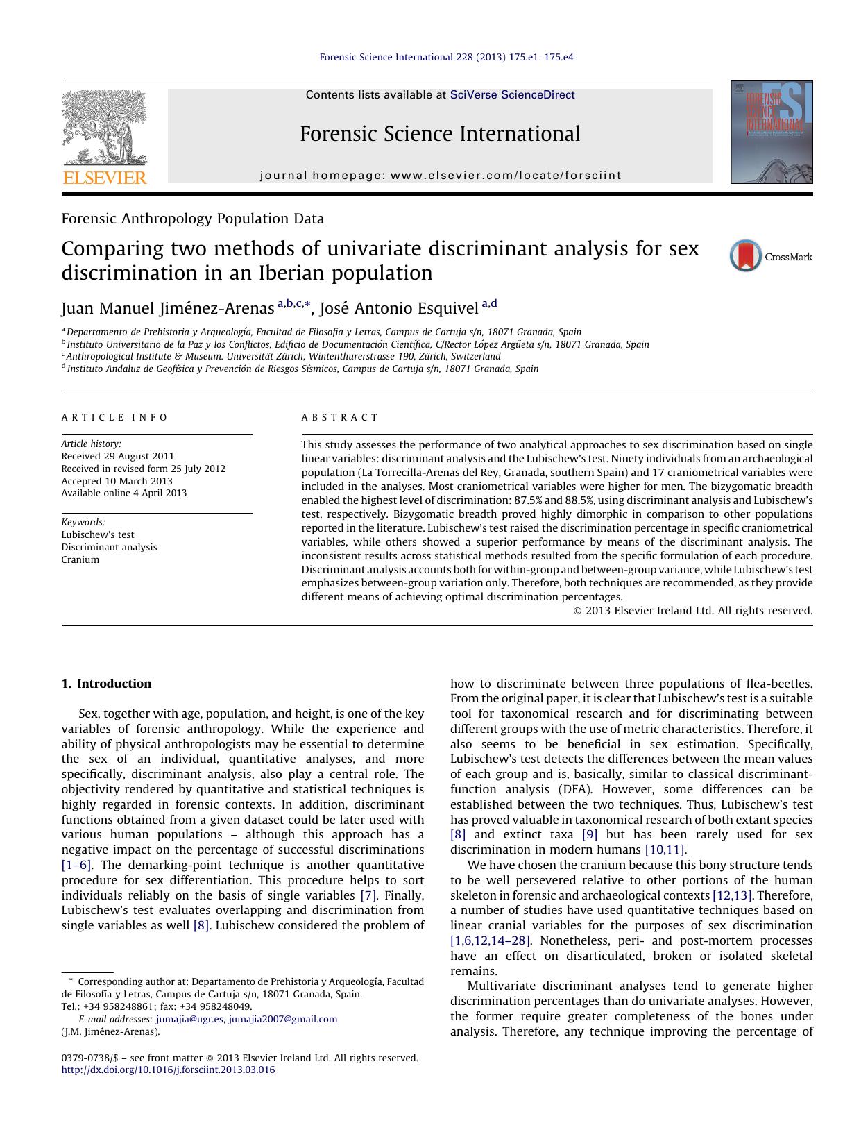 Comparing two methods of univariate discriminant analysis for sex discrimination in an Iberian population by Juan Manuel Jiménez-Arenas & José Antonio Esquivel