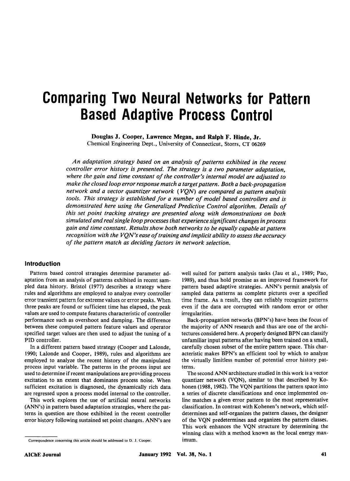 Comparing two neural networks for pattern based adaptive process control by Unknown