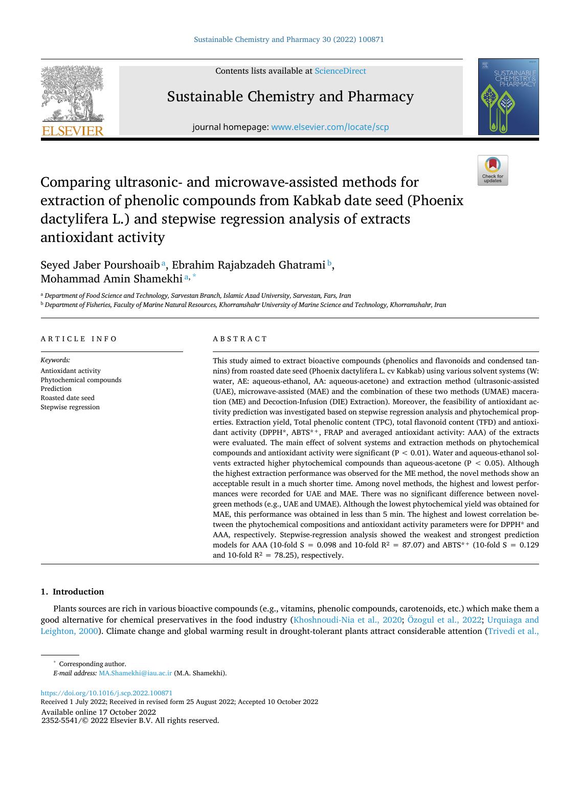 Comparing ultrasonic- and microwave-assisted methods for extraction of phenolic compounds from Kabkab date seed (Phoenix dactylifera L.) and stepwise regression analysis of extract by Seyed Jaber Pourshoaib & Ebrahim Rajabzadeh Ghatrami & Mohammad Amin Shamekhi