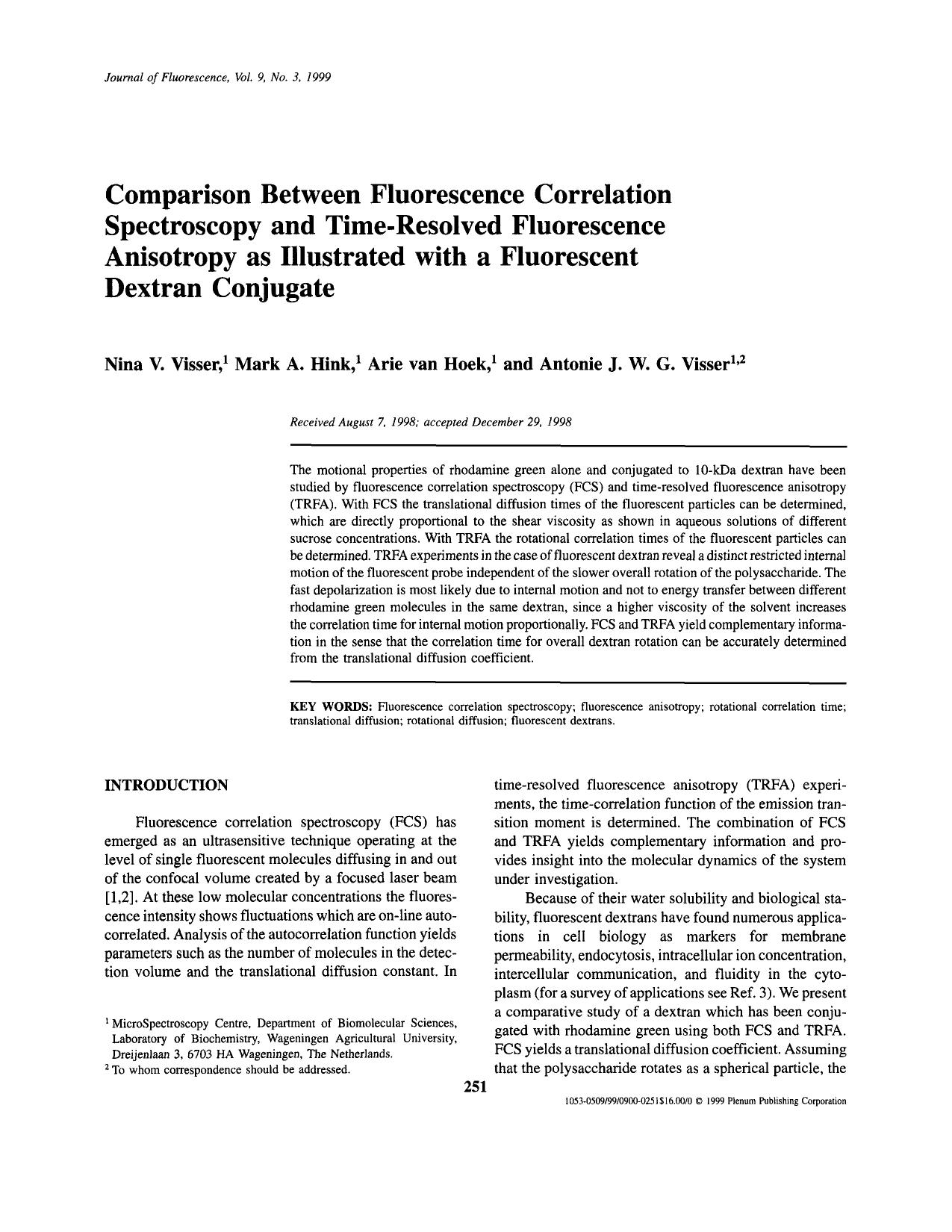 Comparison Between Fluorescence Correlation Spectroscopy and Time-Resolved Fluorescence Anisotropy as Illustrated with a Fluorescent Dextran Conjugate by Unknown