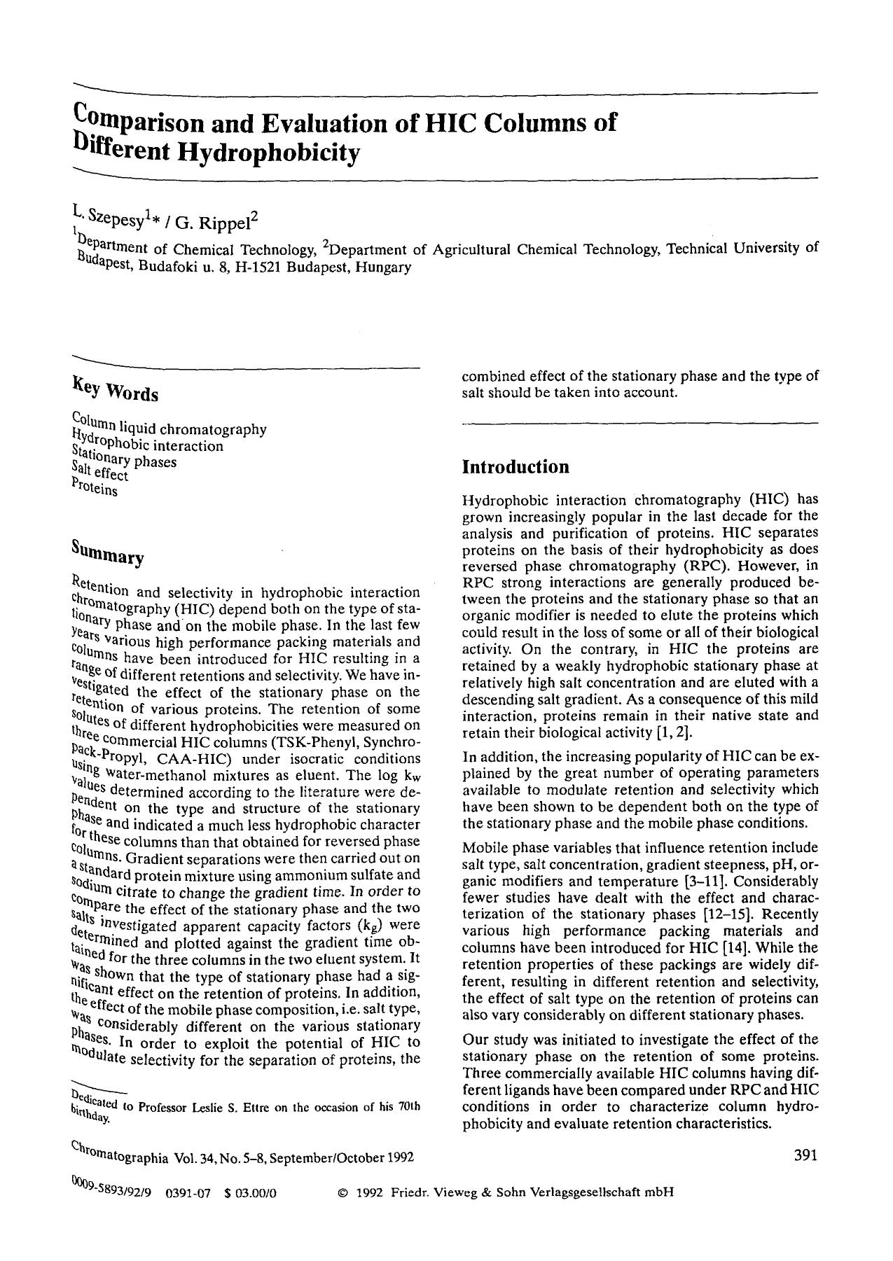 Comparison and evaluation of HIC columns of different hydrophobicity by Unknown