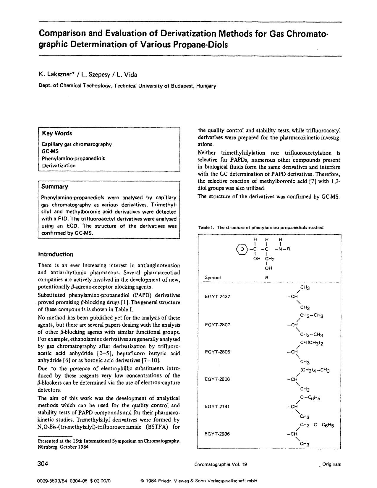 Comparison and evaluation of derivatization methods for gas chromatographic determination of various propane-diols by Unknown