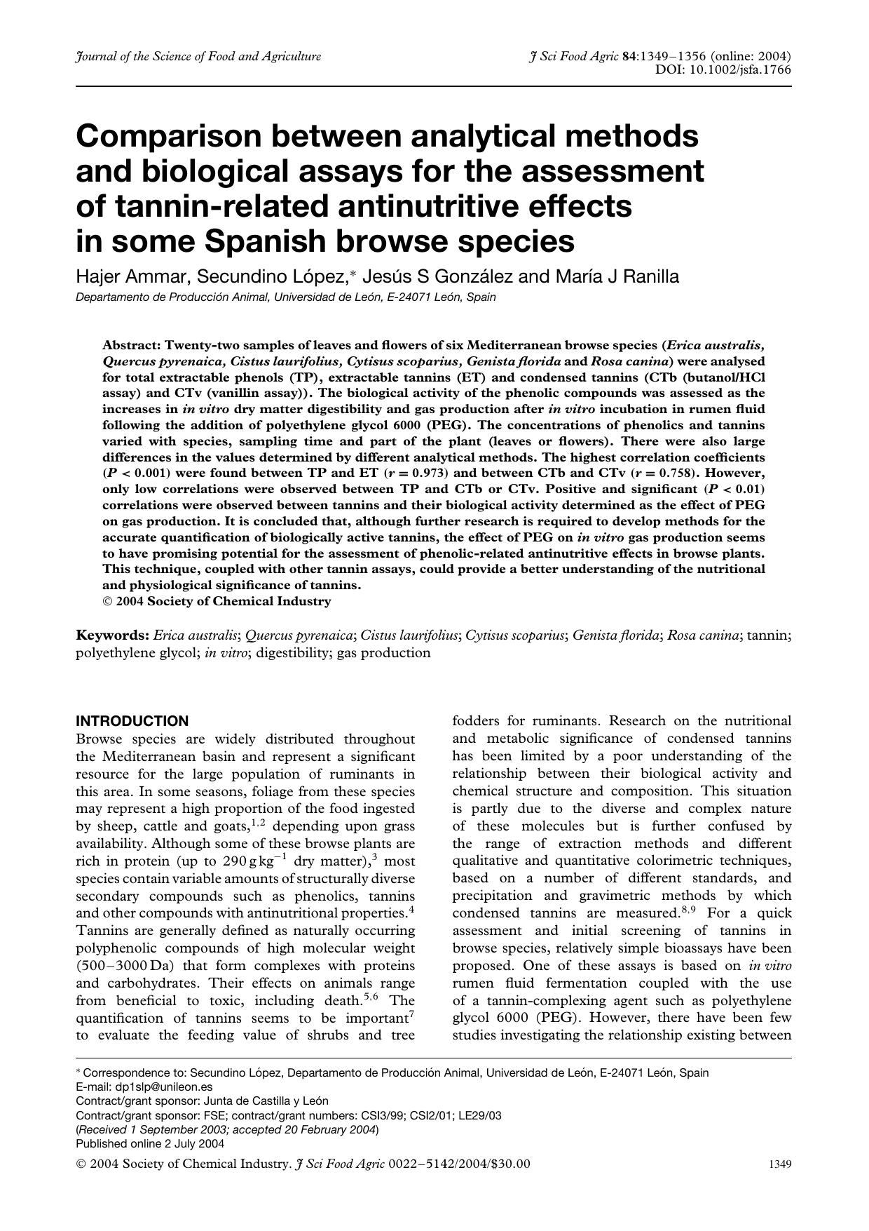Comparison between analytical methods and biological assays for the assessment of tannin-related antinutritive effects in some Spanish browse species by Unknown