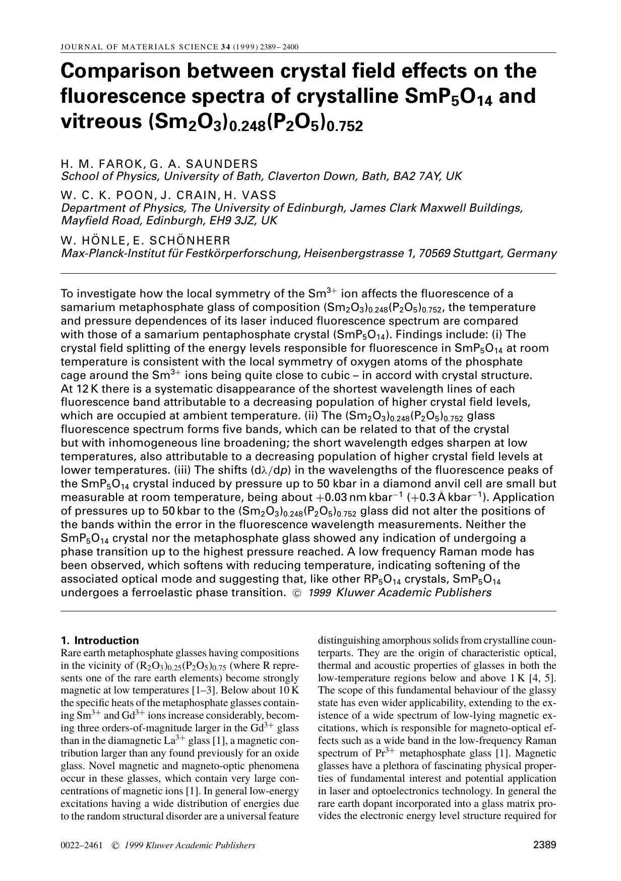 Comparison between crystal field effects on the fluorescence spectra of crystalline SmP5O14 and vitreous (Sm2O3)0.248(P2 O5)0.752 by Unknown