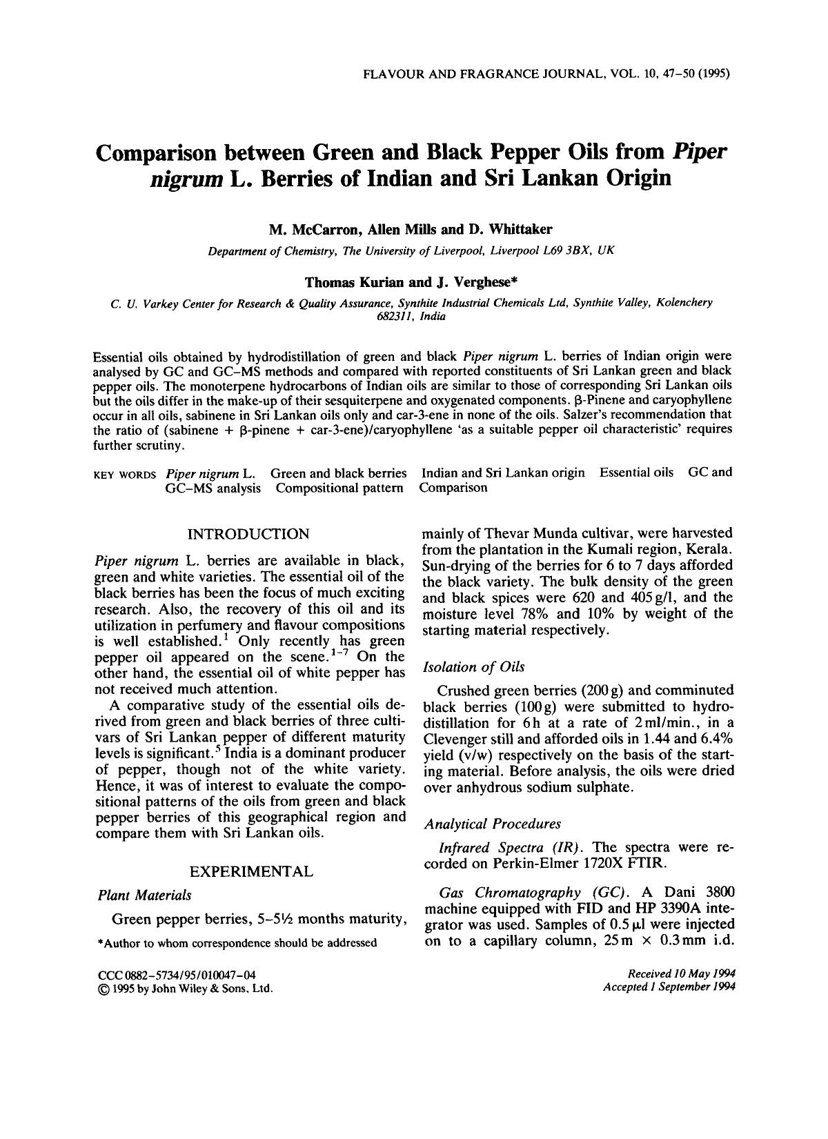 Comparison between green and black pepper oils from Piper nigrum L. Berries of Indian and Sri Lankan origin by Unknown