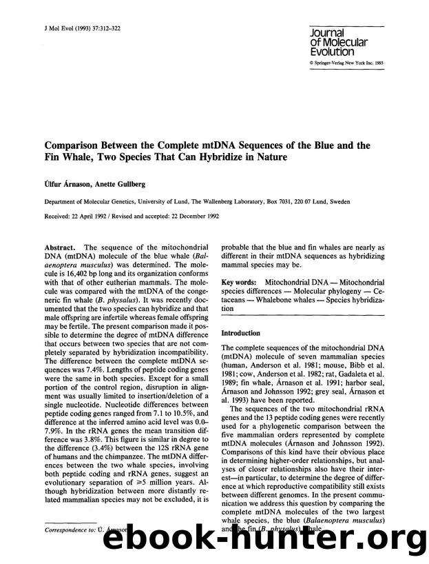 Comparison between the complete mtDNA sequences of the blue and the fin whale, two species that can hybridize in nature by Unknown