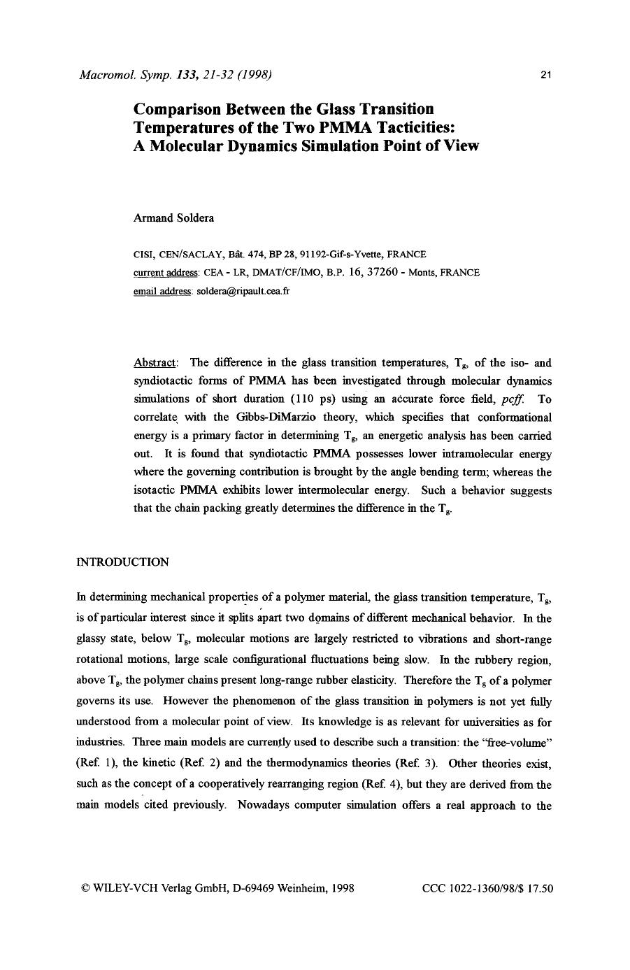 Comparison between the glass transition temperatures of the two PMMA tacticities: A molecular dynamics simulation point of view by Unknown