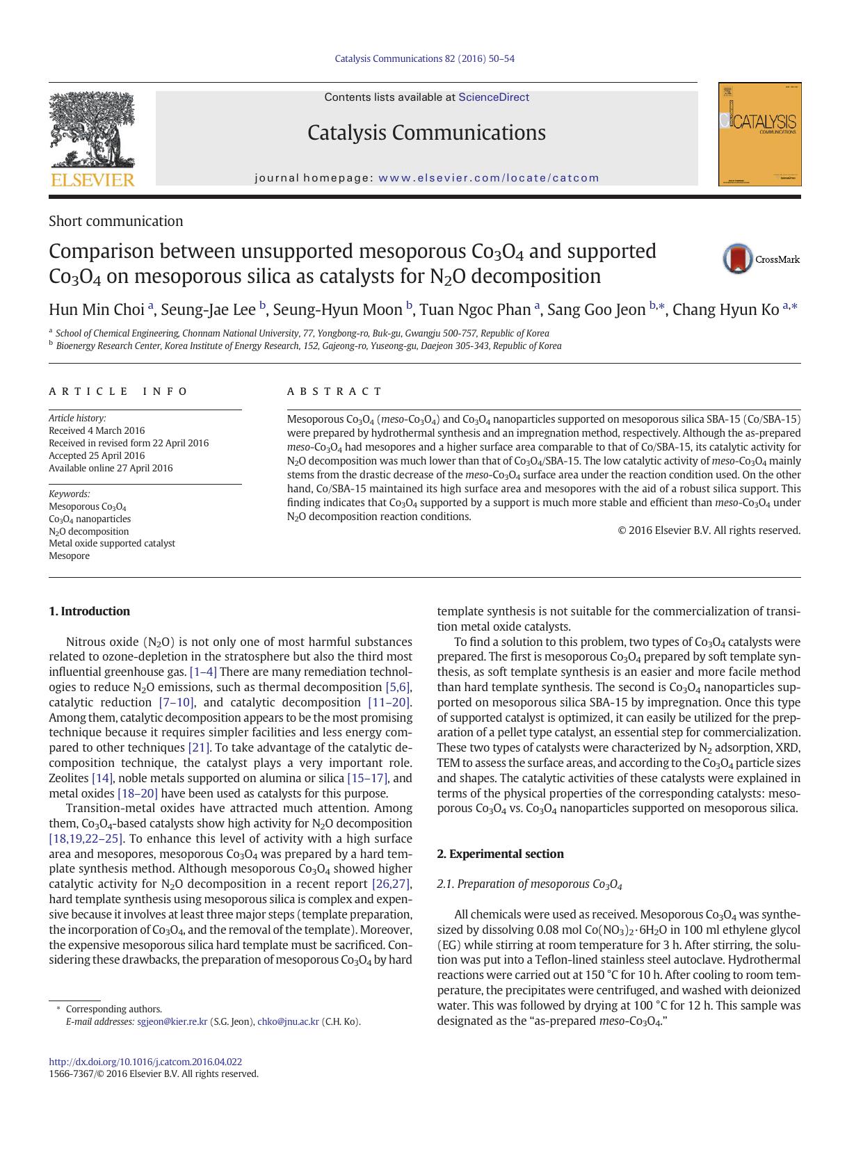 Comparison between unsupported mesoporous Co3O4 and supported Co3O4 on mesoporous silica as catalysts for N2O decomposition by Hun Min Choi & Seung-Jae Lee & Seung-Hyun Moon & Tuan Ngoc Phan & Sang Goo Jeon & Chang Hyun Ko