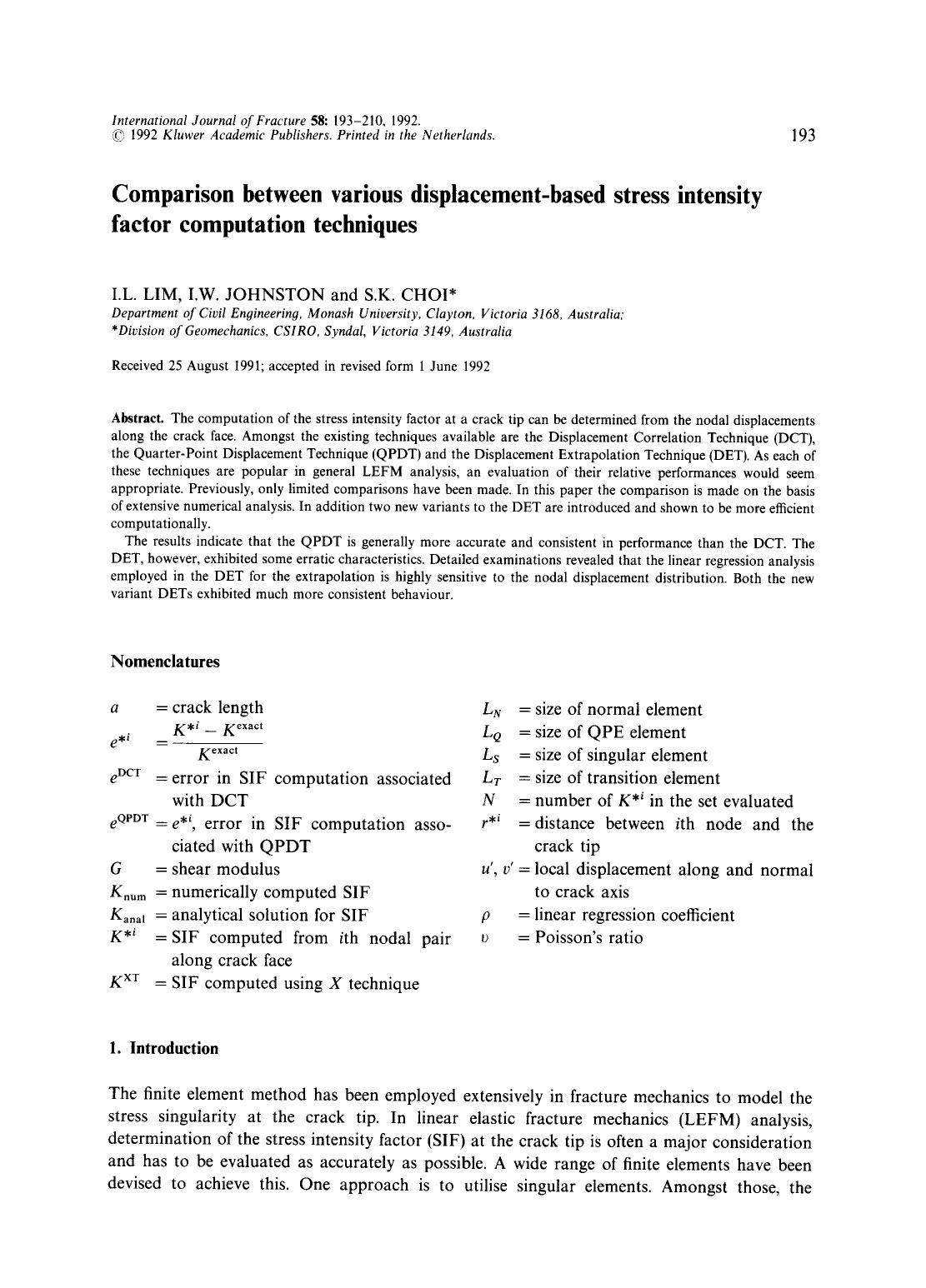 Comparison between various displacement-based stress intensity factor computation techniques by Unknown