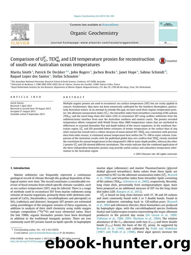 Comparison of ,  and LDI temperature proxies for reconstruction of south-east Australian ocean temperatures by unknow