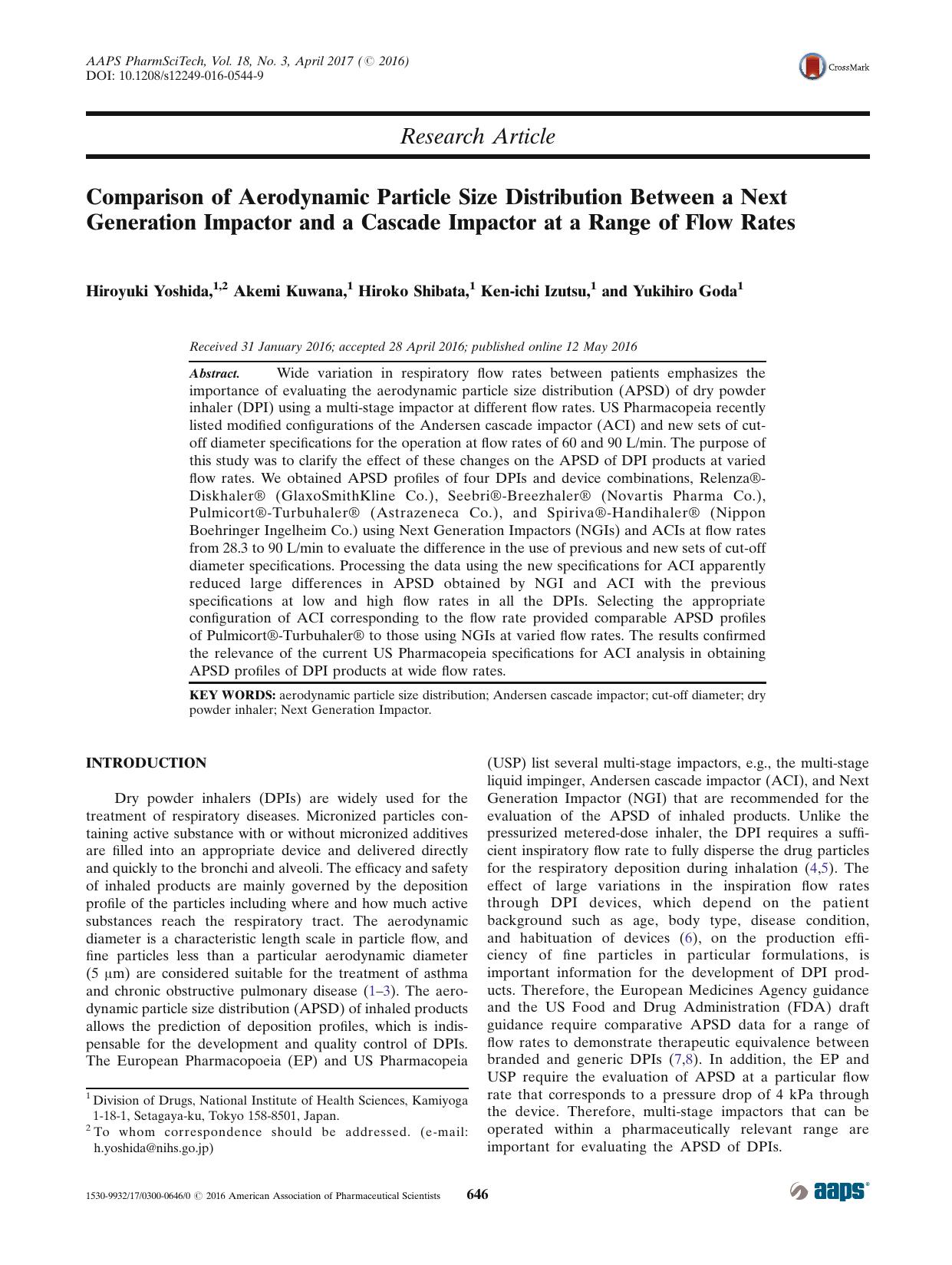 Comparison of Aerodynamic Particle Size Distribution Between a Next Generation Impactor and a Cascade Impactor at a Range of Flow Rates by Hiroyuki Yoshida