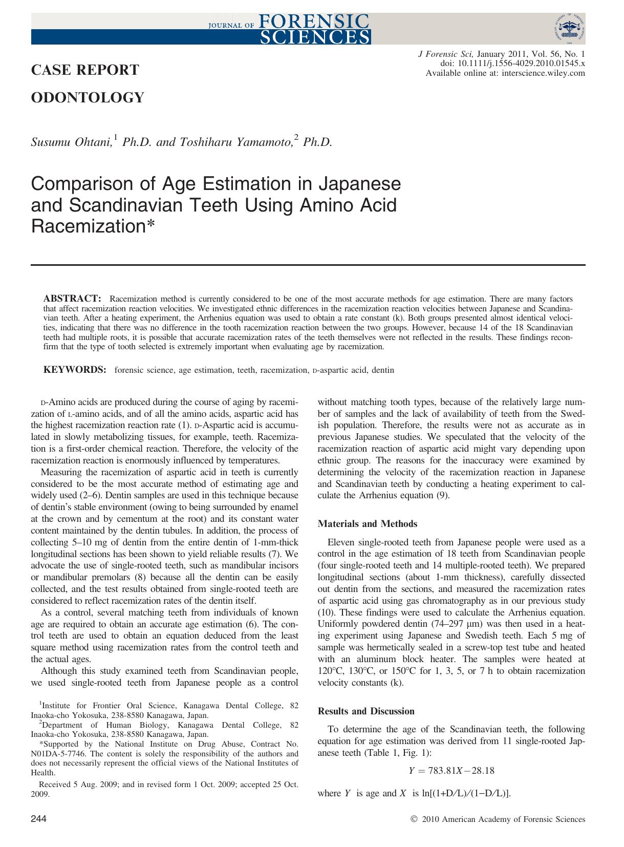Comparison of Age Estimation in Japanese and Scandinavian Teeth Using Amino Acid Racemization by Unknown