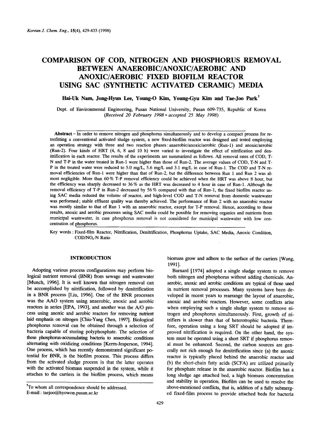 Comparison of COD, nitrogen and phosphorus removal between anaerobicanoxicaerobic and anoxicaerobic fixed biofilm reactor using SAC (Synthetic Activated Ceramic) media by Unknown