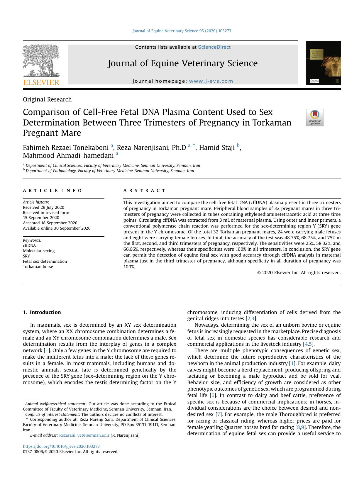 Comparison of Cell-Free Fetal DNA Plasma Content Used to Sex Determination Between Three Trimesters of Pregnancy in Torkaman Pregnant Mare by Fahimeh Rezaei Tonekaboni & Reza Narenjisani Ph.D & Hamid Staji & Mahmood Ahmadi-hamedani