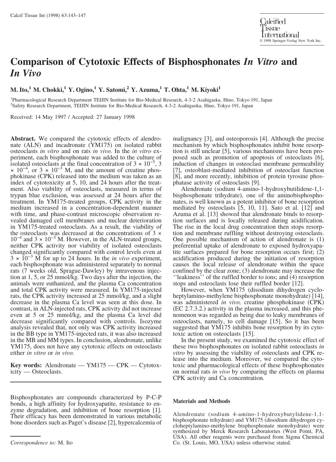 Comparison of Cytotoxic Effects of Bisphosphonates In Vitro and In Vivo by Ito M. et al
