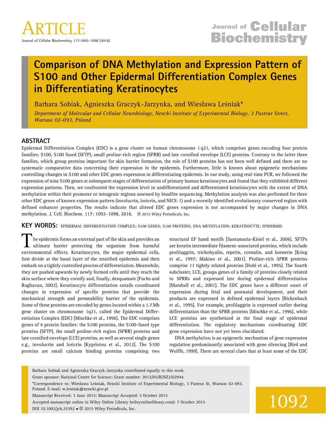 Comparison of DNA Methylation and Expression Pattern of S100 and Other Epidermal Differentiation Complex Genes in Differentiating Keratinocytes by Unknown