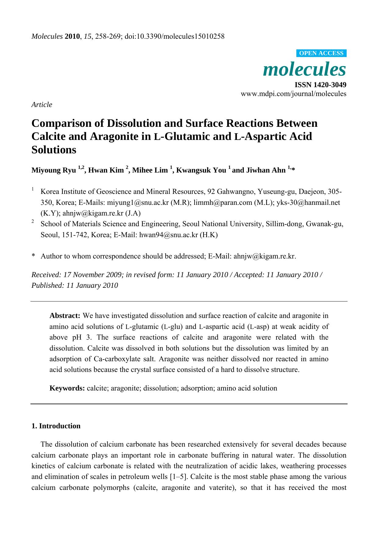 Comparison of Dissolution and Surface Reactions Between Calcite and Aragonite in L-Glutamic and L-Aspartic Acid Solutions by Miyoung Ryu & Hwan Kim & Mihee Lim & Kwangsuk You & Jiwhan Ahn