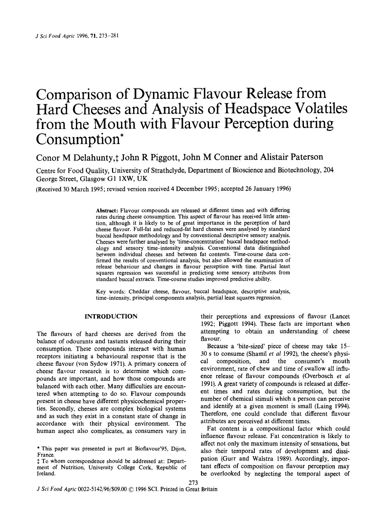 Comparison of Dynamic Flavour Release from Hard Cheeses and Analysis of Headspace Volatiles from the Mouth with Flavour Perception during Consumption by Unknown