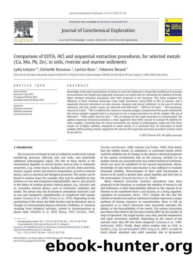 Comparison of EDTA, HCl and sequential extraction procedures, for selected metals (Cu, Mn, Pb, Zn), in soils, riverine and marine sediments by Lydia Leleyter & Christelle Rousseau & Laetitia Biree & Fabienne Baraud