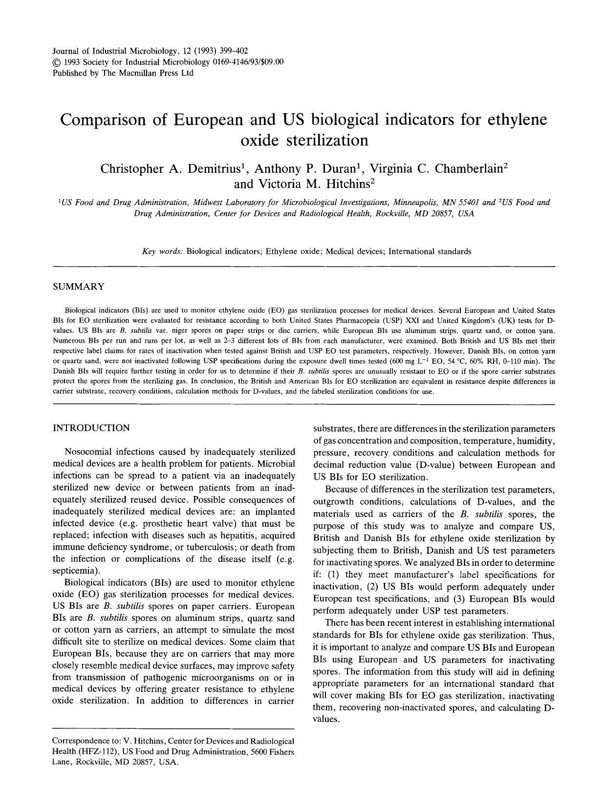 Comparison of European and US biological indicators for ethylene oxide sterilization by Unknown