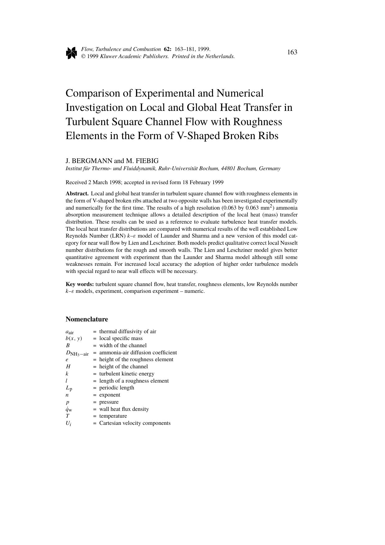 Comparison of Experimental and Numerical Investigation on Local and Global Heat Transfer in Turbulent Square Channel Flow with Roughness Elements in the Form of V-Shaped Broken Ribs by Unknown
