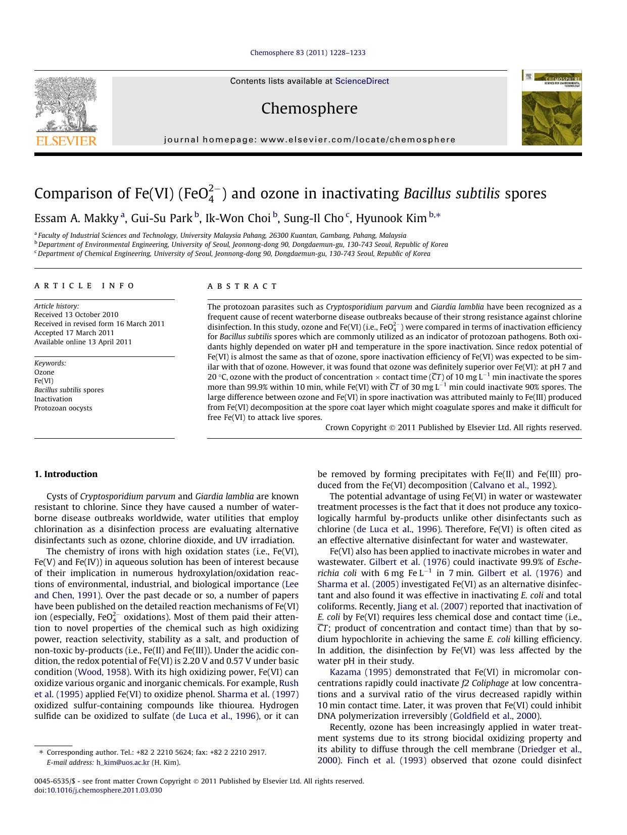 Comparison of Fe(VI) () and ozone in inactivating Bacillus subtilis spores by Essam A. Makky & Gui-Su Park & Ik-Won Choi & Sung-Il Cho & Hyunook Kim