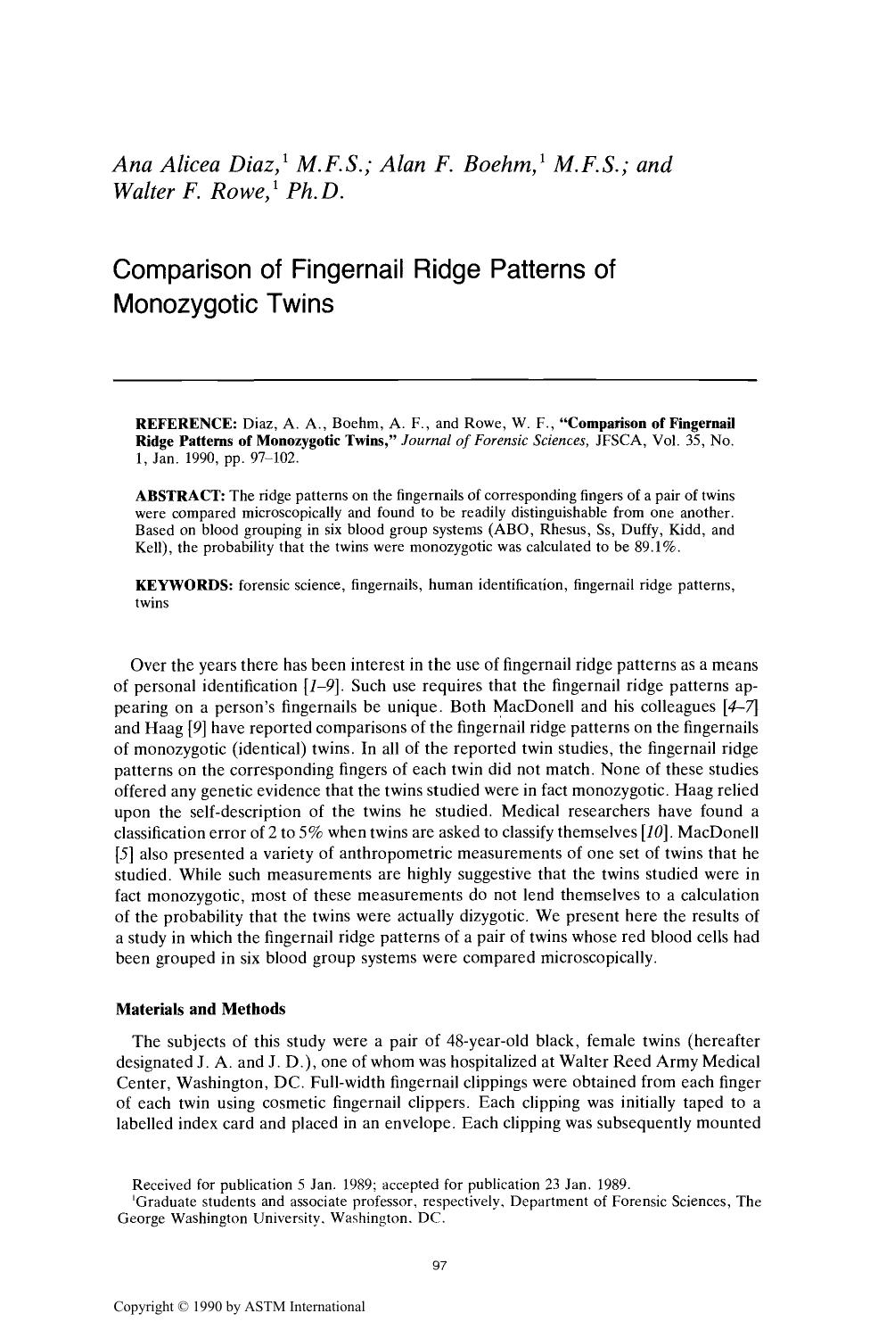 Comparison of Fingernail Ridge Patterns of Monozygotic Twins by Diaz AA Boehm AF Rowe WF
