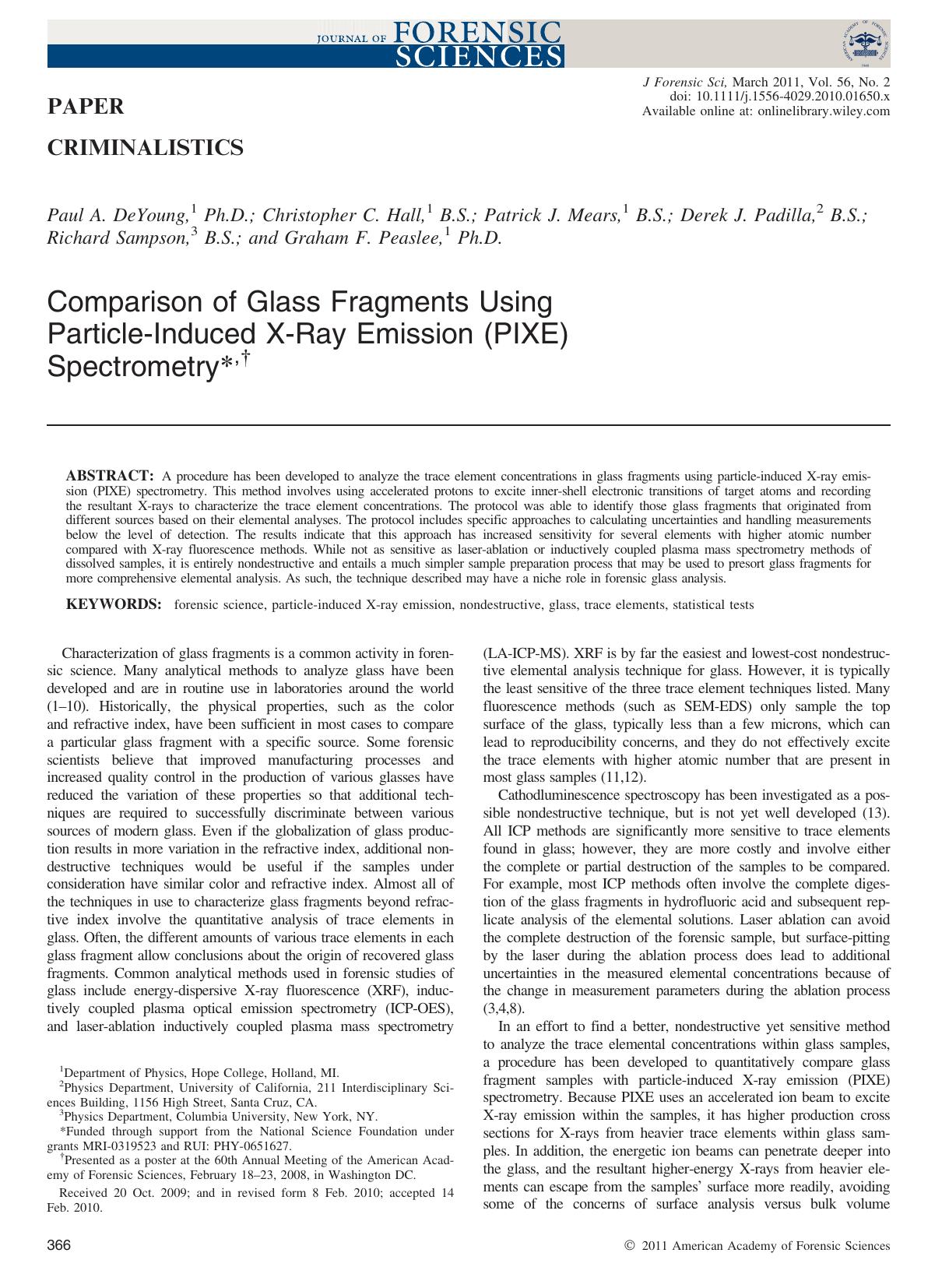 Comparison of Glass Fragments Using ParticleInduced XRay Emission (PIXE) Spectrometry, by Unknown