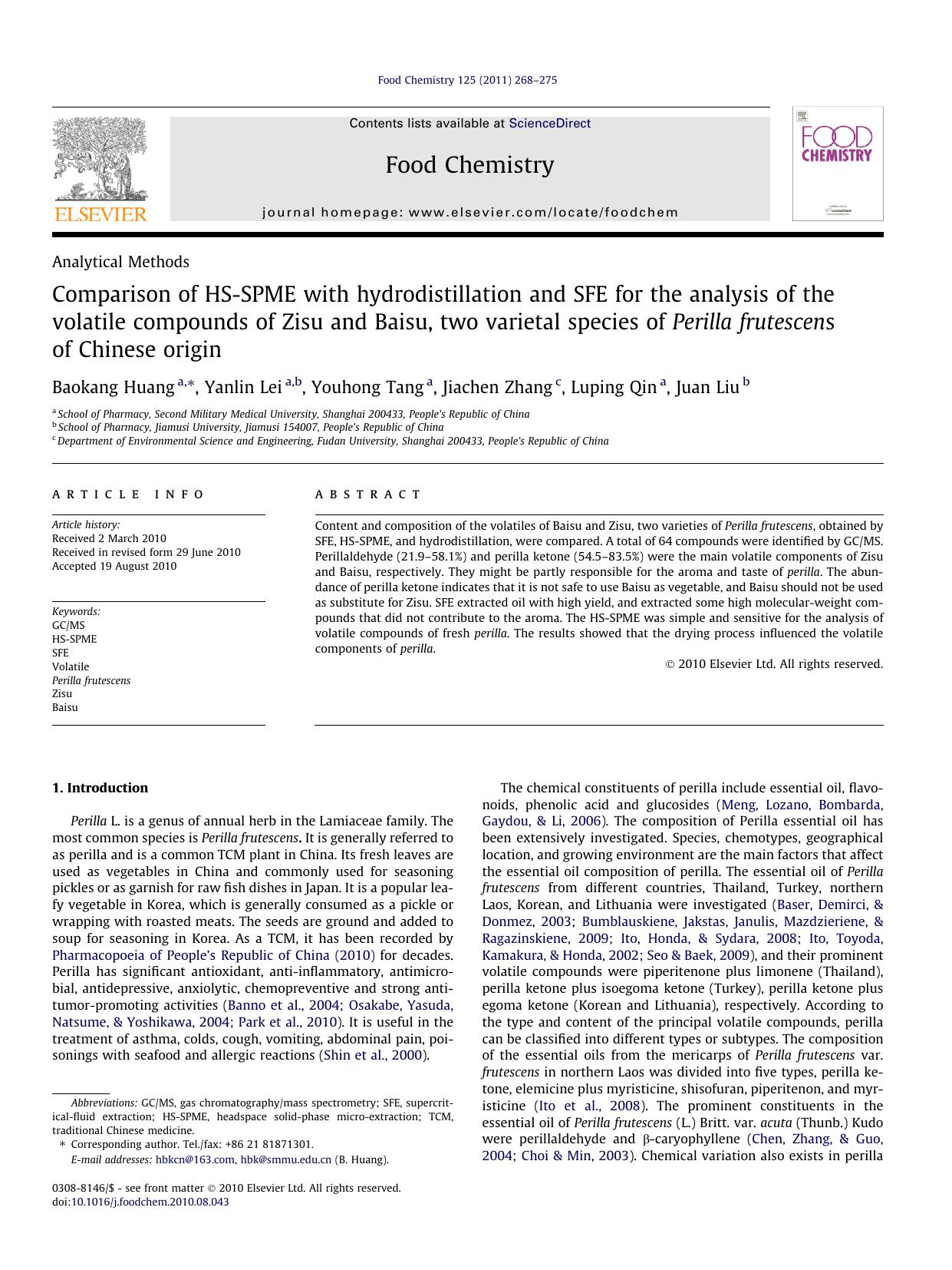 Comparison of HS-SPME with hydrodistillation and SFE for the analysis of the volatile compounds of Zisu and Baisu, two varietal species of Perilla frutescens of Chinese origin by Baokang Huang & Yanlin Lei & Youhong Tang & Jiachen Zhang & Luping Qin & Juan Liu