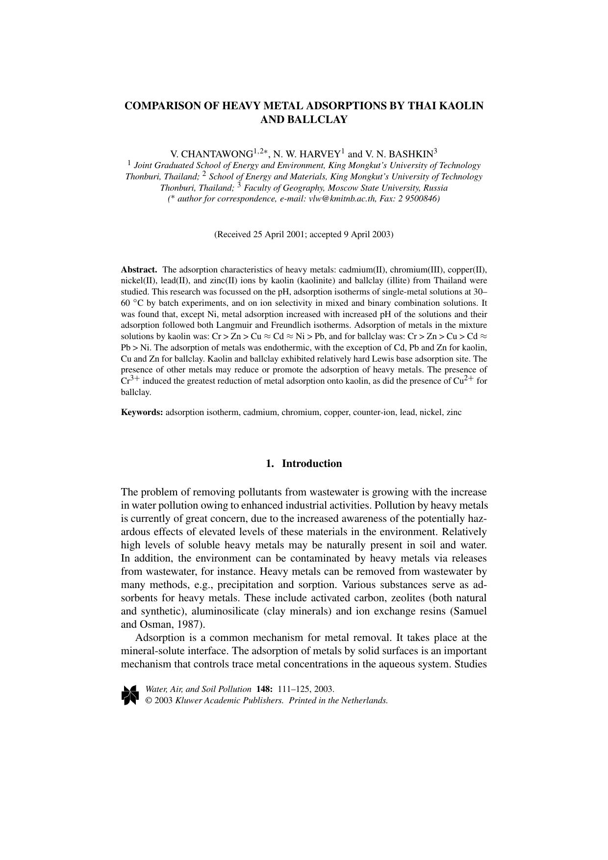 Comparison of Heavy Metal Adsorptions by Thai Kaolin and Ballclay by Unknown