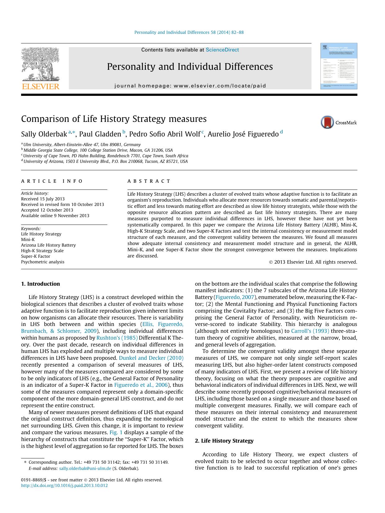 Comparison of Life History Strategy measures by Sally Olderbak & Paul Gladden & Pedro Sofio Abril Wolf & Aurelio José Figueredo