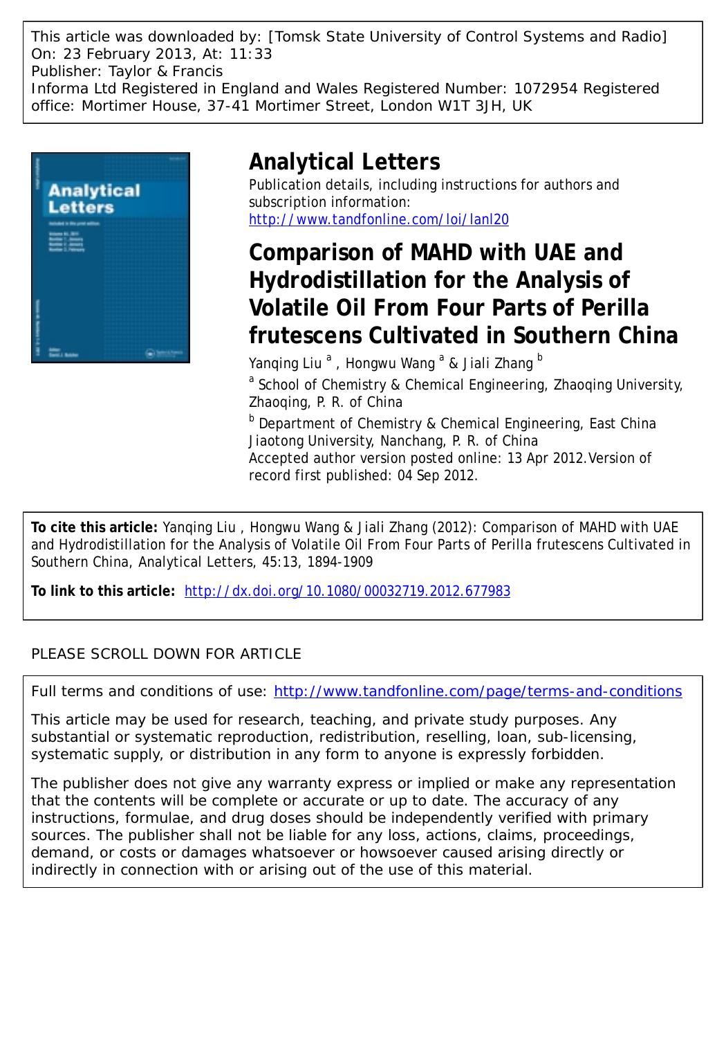 Comparison of MAHD with UAE and Hydrodistillation for the Analysis of Volatile Oil From Four Parts of Perilla frutescens Cultivated in Southern China by Yanqing Liu Hongwu Wang & Jiali Zhang
