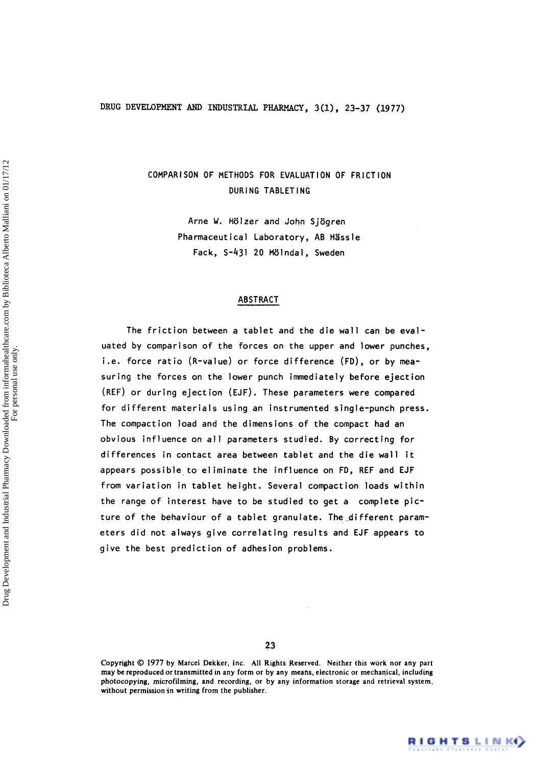 Comparison of Methods for Evaluation of Friction During Tableting by Arne W. Houlzer & John Sjogren