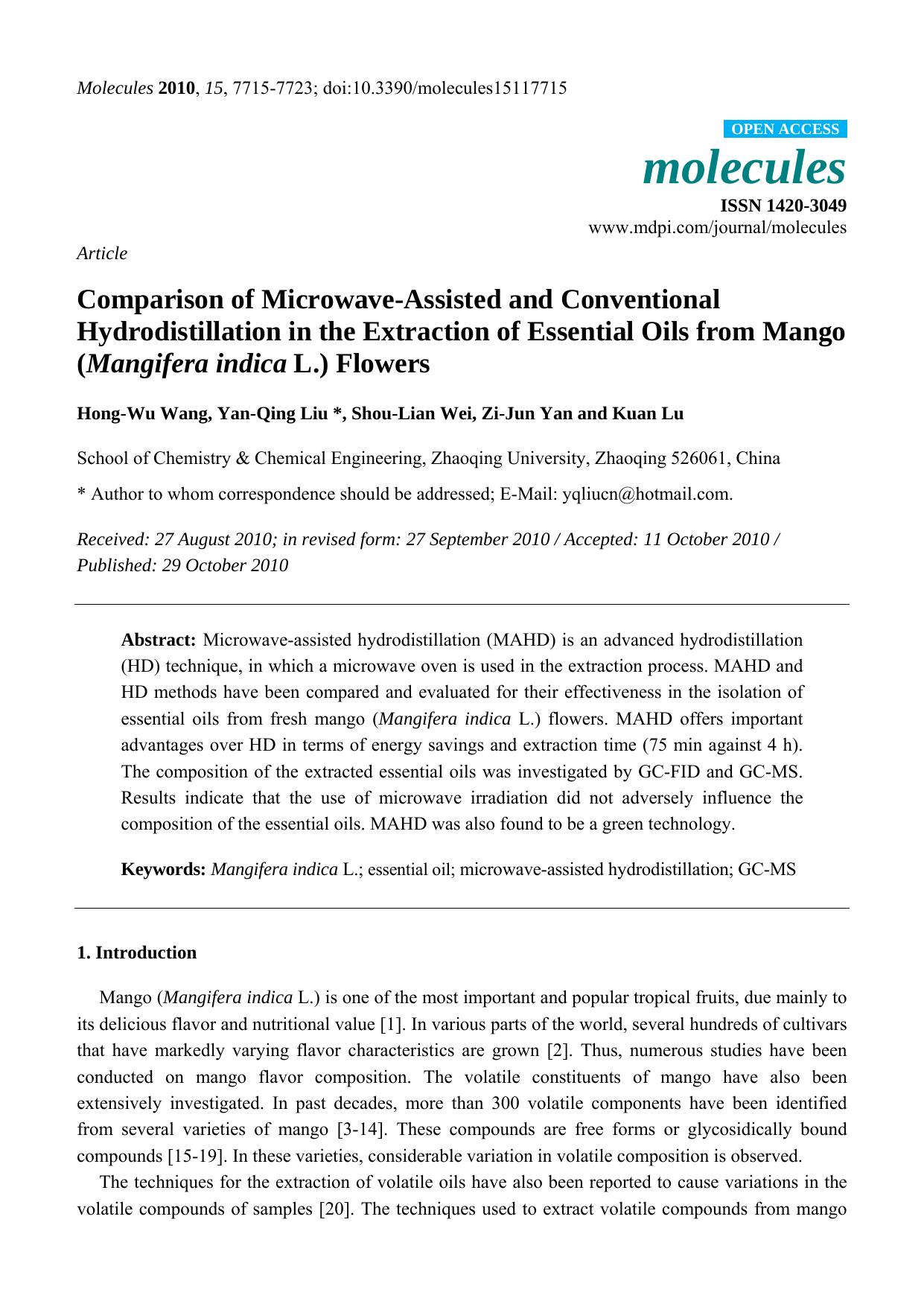 Comparison of Microwave-Assisted and Conventional Hydrodistillation in the Extraction of Essential Oils from Mango (Mangifera indica L.) Flowers by Hong-Wu Wang & Yan-Qing Liu & Shou-Lian Wei & Zi-Jun Yan & Kuan Lu