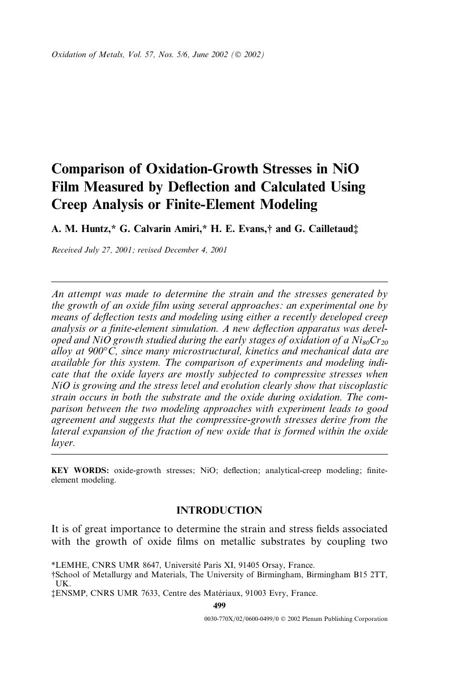 Comparison of Oxidation-Growth Stresses in NiO Film Measured by Deflection and Calculated Using Creep Analysis or Finite-Element Modeling by Unknown