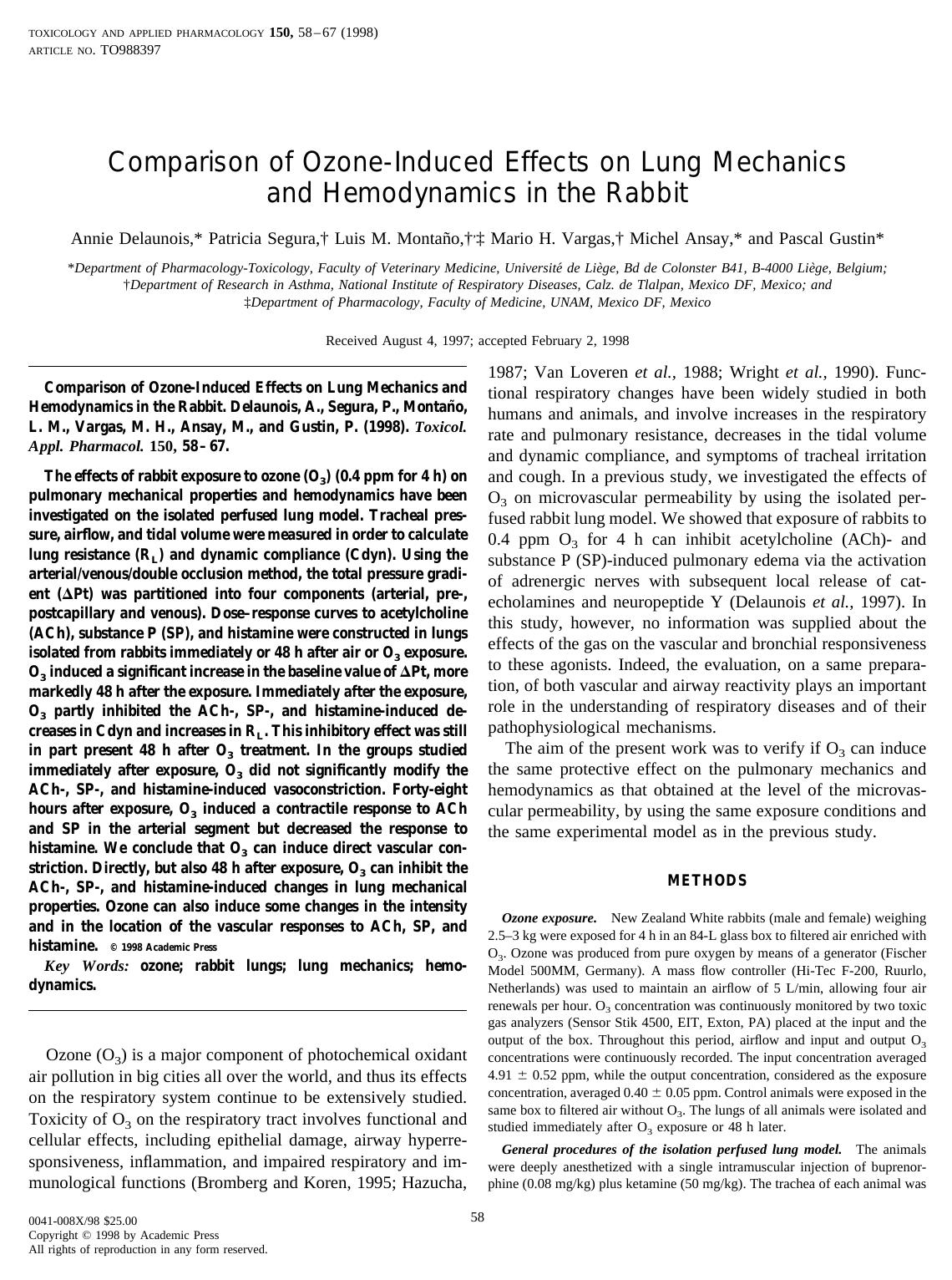 Comparison of Ozone-Induced Effects on Lung Mechanics and Hemodynamics in the Rabbit by Delaunois A. et al