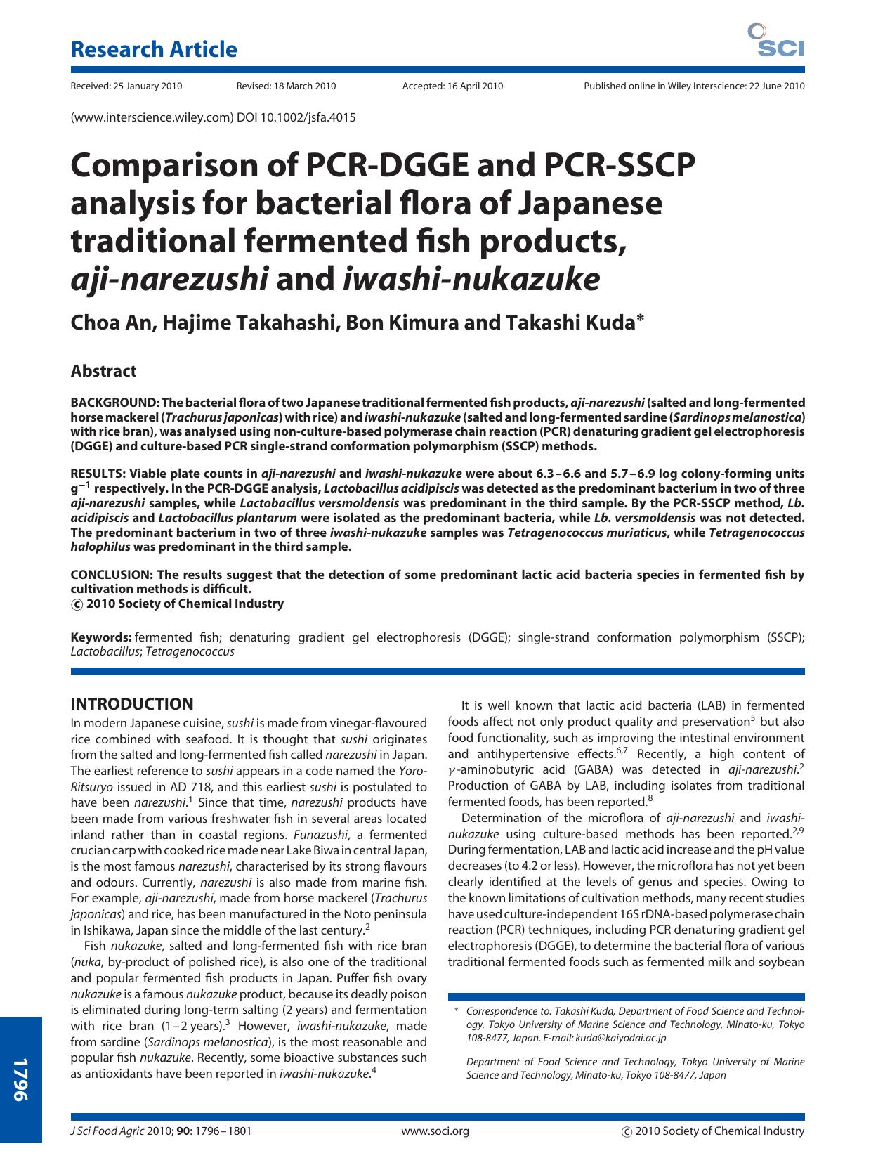 Comparison of PCR-DGGE and PCR-SSCP analysis for bacterial flora of Japanese traditional fermented fish products, aji-narezushi and iwashi-nukazuke by Unknown