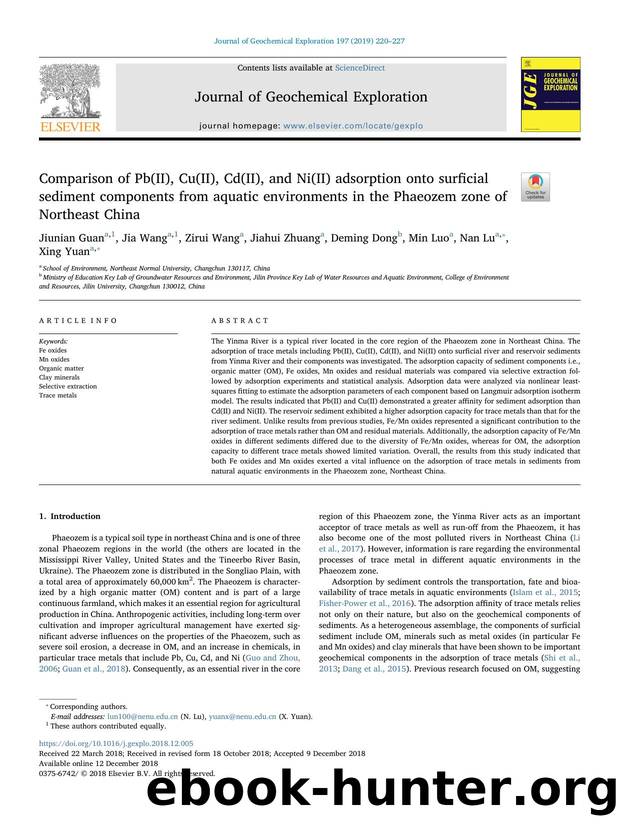 Comparison of Pb(II), Cu(II), Cd(II), and Ni(II) adsorption onto surficial sediment components from aquatic environments in the Phaeozem zone of Northeast China by Jiunian Guan & Jia Wang & Zirui Wang & Jiahui Zhuang & Deming Dong & Min Luo & Nan Lu & Xing Yuan