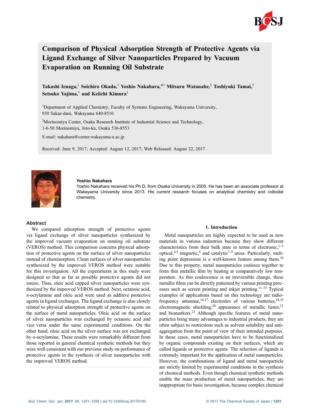 Comparison of Physical Adsorption Strength of Protective Agents via Ligand Exchange of Silver Nanoparticles Prepared by Vacuum Evaporation on Running Oil Substrate by Unknown