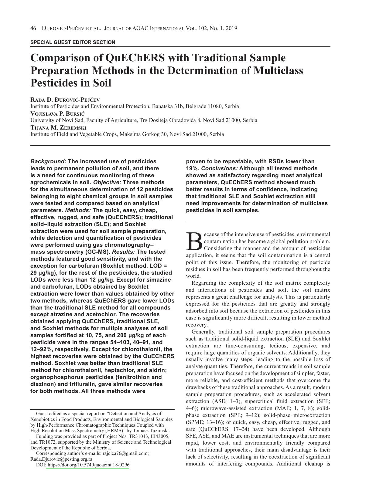 Comparison of QuEChERS with Traditional Sample Preparation Methods in the Determination of Multiclass Pesticides in Soil by Rada D. & ETH;urovi & cacute;-Pej & ccaron;ev ; Vojislava P. Bursi & cacute; ; Tijana M. Zeremski