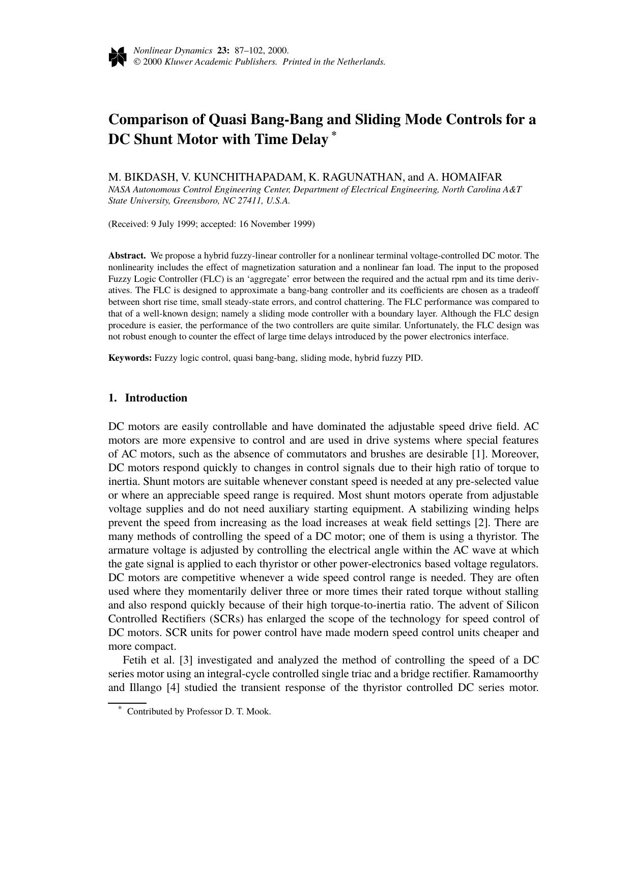Comparison of Quasi Bang-Bang and Sliding Mode Controls for a DC Shunt Motor with Time Delay by Unknown