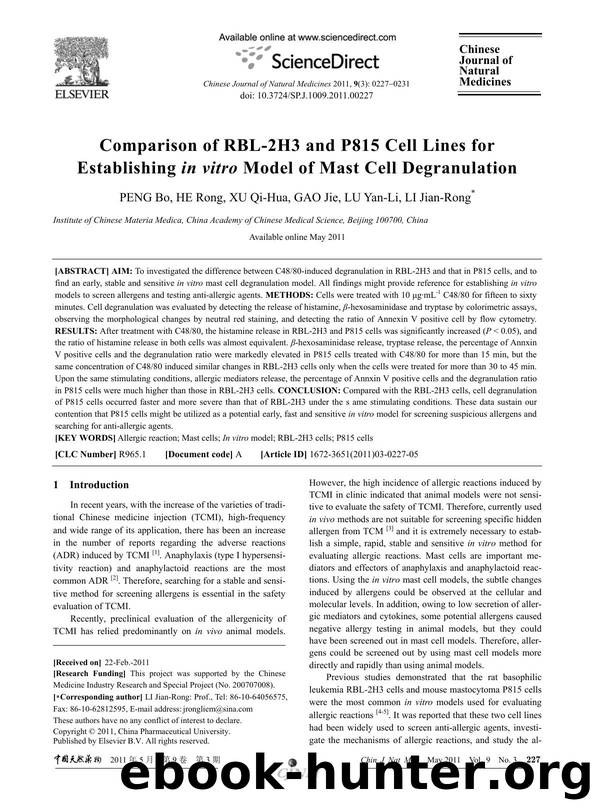 Comparison of RBL-2H3 and P815 Cell Lines for Establishing in vitro Model of Mast Cell Degranulation by Bo PENG & Rong HE & Qi-Hua XU & Jie GAO & Yan-Li LU & Jian-Rong LI