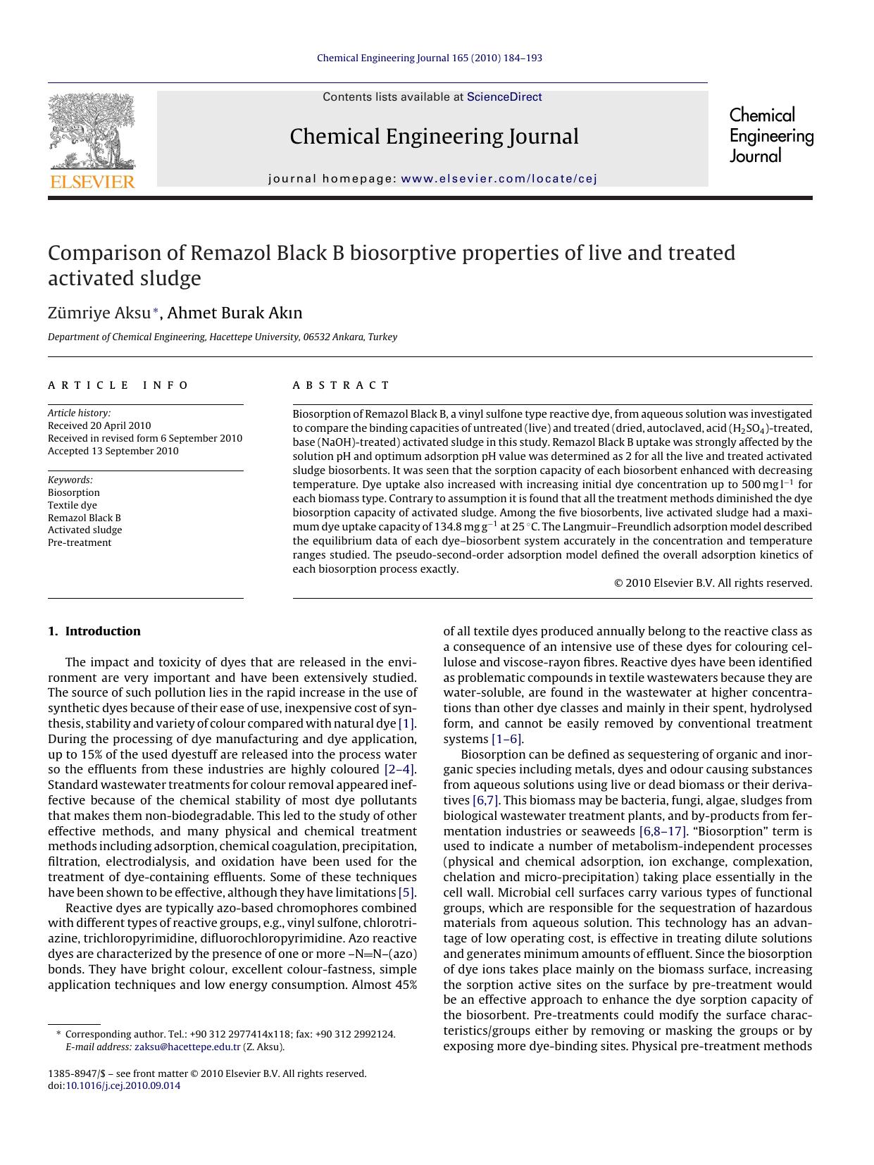 Comparison of Remazol Black B biosorptive properties of live and treated activated sludge by ZÃ¼mriye Aksu