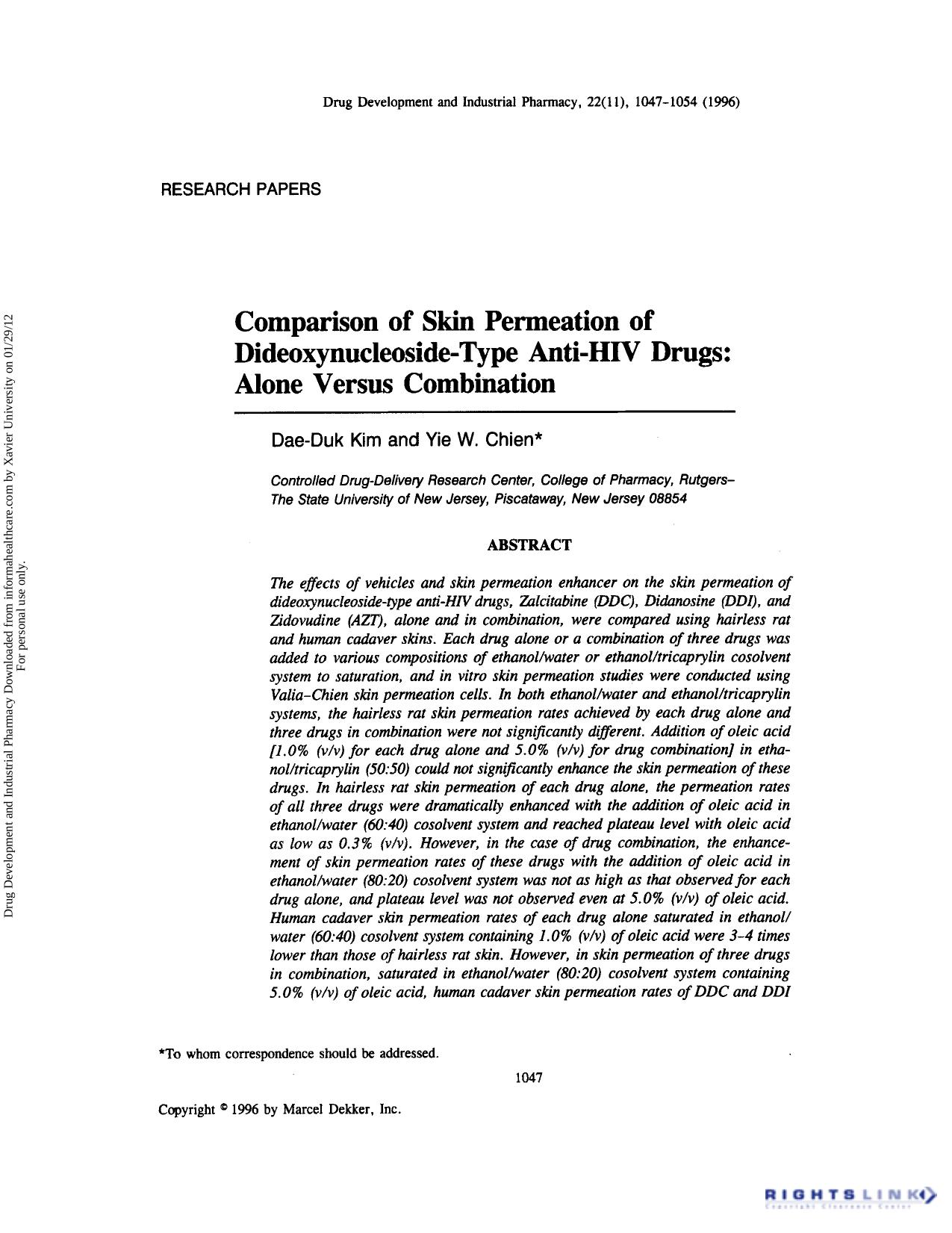 Comparison of Skin Permeation of Dideoxynucleoside-Type Anti-HIV Drugs: Alone Versus Combination by Dae-Duk Kim & Yie W. Chien
