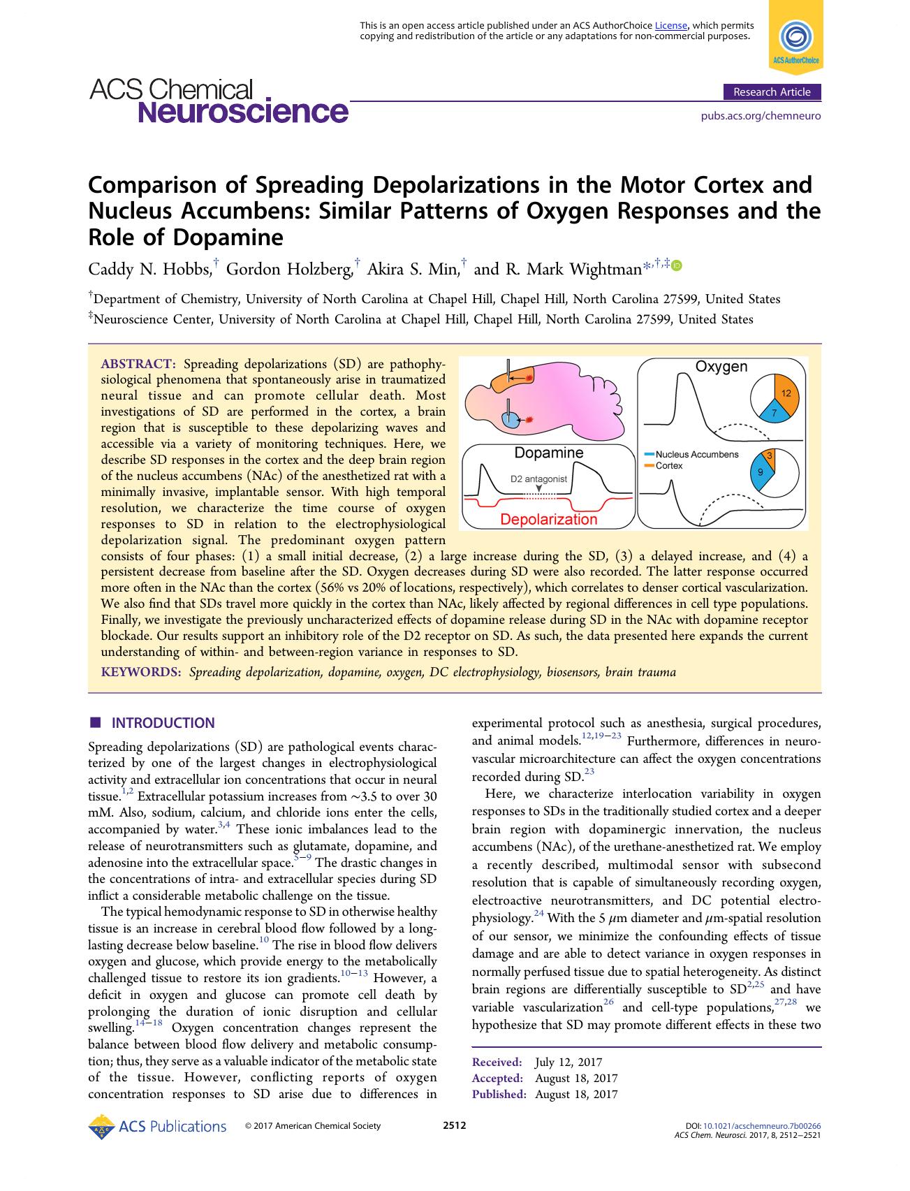 Comparison of Spreading Depolarizations in the Motor Cortex and Nucleus Accumbens: Similar Patterns of Oxygen Responses and the Role of Dopamine by Caddy N. Hobbs Gordon Holzberg Akira S. Min and R. Mark Wightman