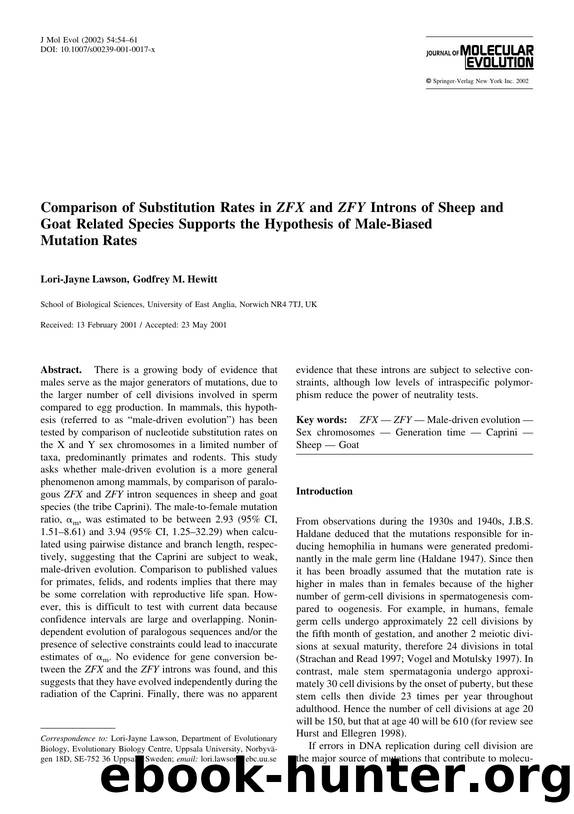 Comparison of Substitution Rates in ZFX and ZFY Introns of Sheep and Goat Related Species Supports the Hypothesis of Male-Biased Mutation Rates by Lawson L.-J. et al