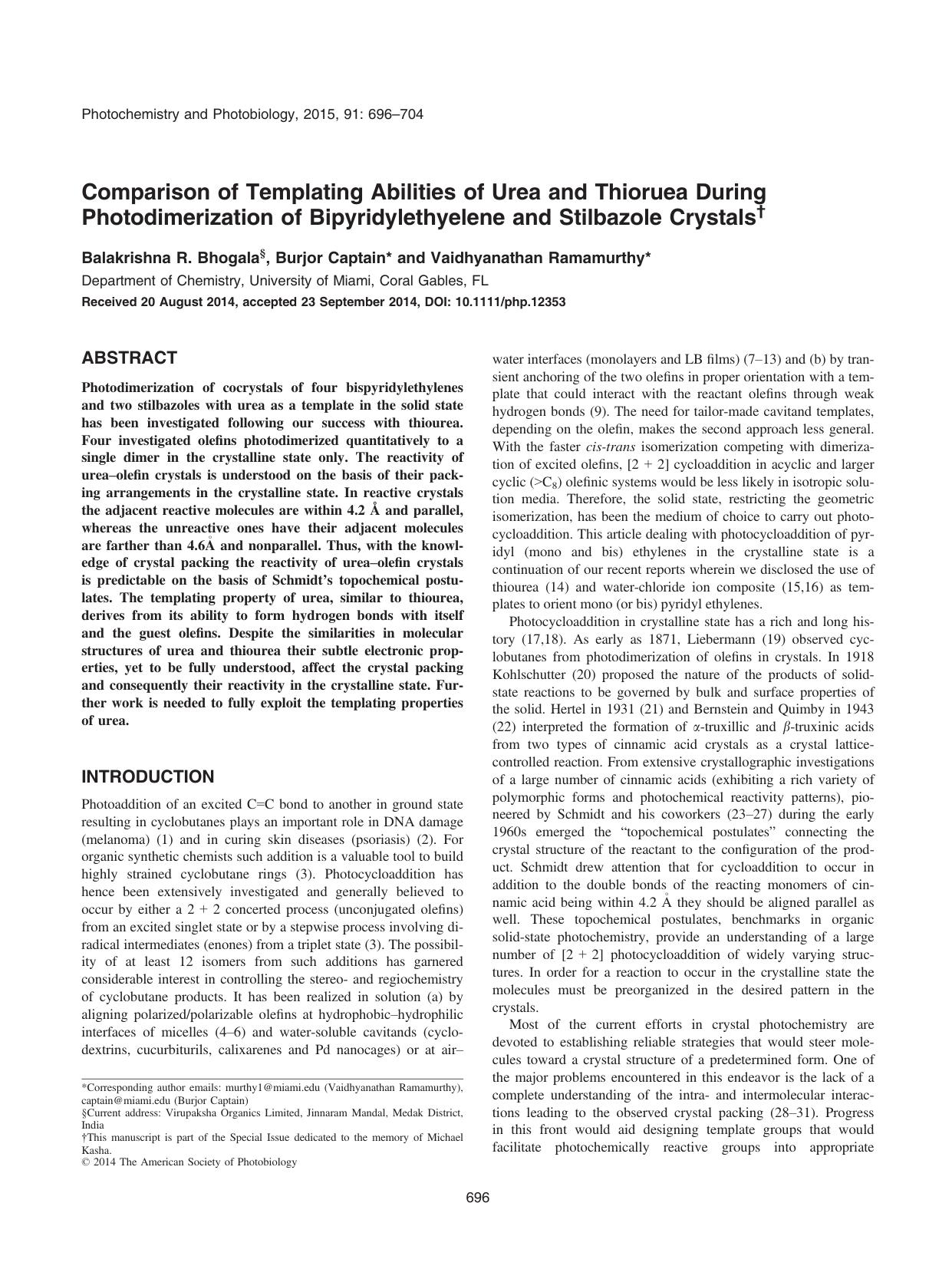 Comparison of Templating Abilities of Urea and Thioruea During Photodimerization of Bipyridylethyelene and Stilbazole Crystals by Unknown