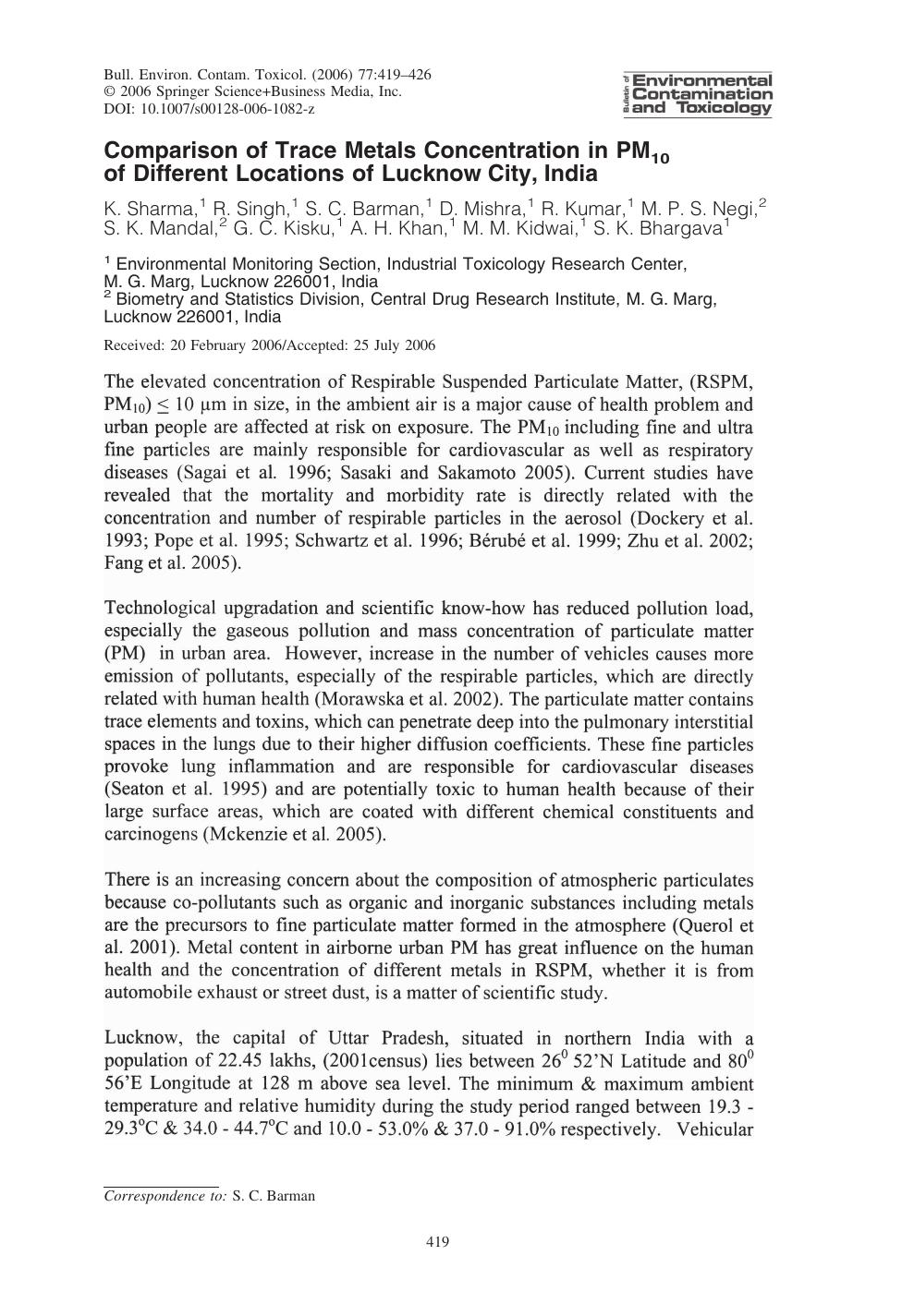 Comparison of Trace Metals Concentration in PM10 of Different Locations of Lucknow City, India by Sharma & K. & et al